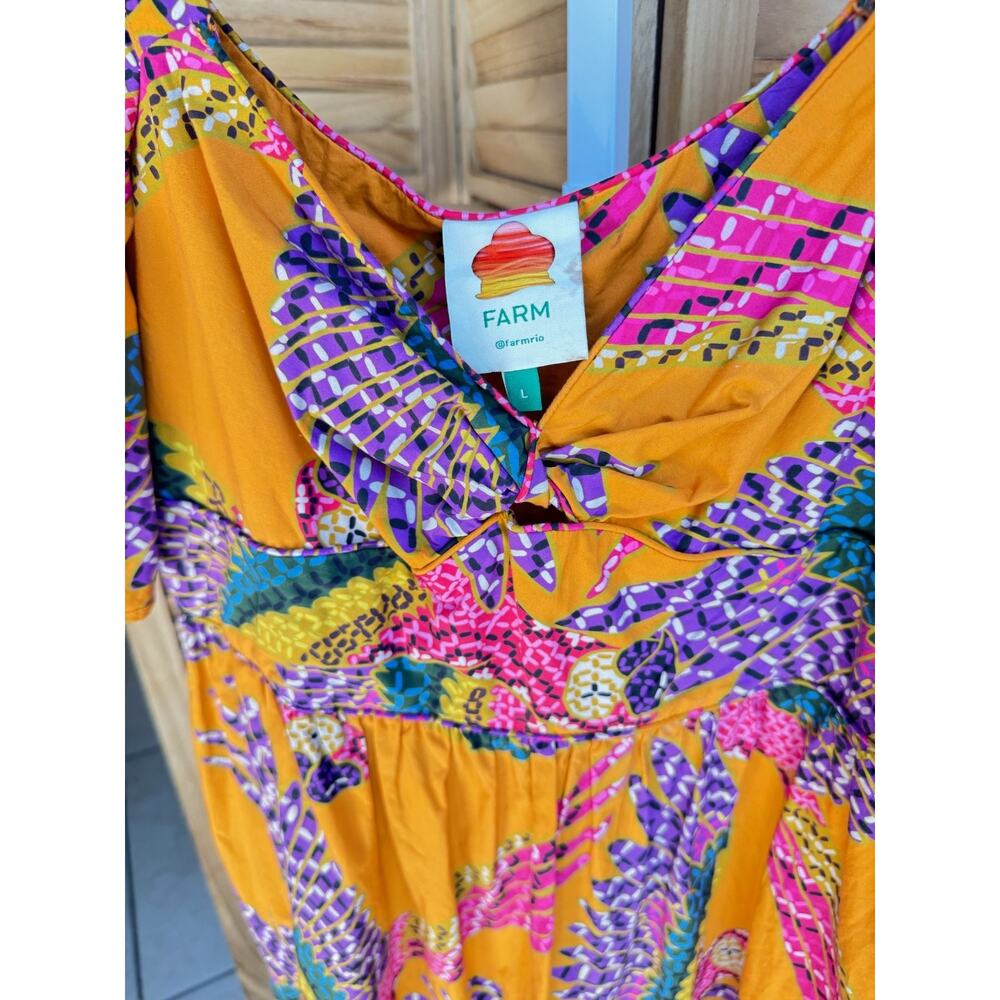 FARM Rio Macaws Yellow Pink Purple Printed Puff-Sleeve Midi Maxi Dress - Picture 4 of 5